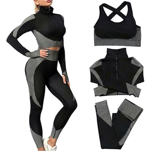 Ensemble de tenues d'entraînement sans couture 3 pièces pour femmes survêtement de sport de yoga avec leggings soutien-gorge de sport extensible entraînement de gymnastique de fitness - Product Image 1