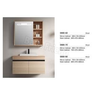 Meuble de salle de bain suspendu en <span class=keywords><strong>bois</strong></span> de noyer de luxe rétro avec miroir à LED, rangement latéral ouvert et tiroirs de rangement, meuble-lavabo mural - Product Image 3