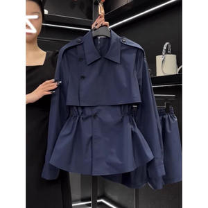 Manteau <span class=keywords><strong>court</strong></span> en molleton <span class=keywords><strong>bleu</strong></span> <span class=keywords><strong>marine</strong></span> de style européen vintage pour femmes, automne - Product Image 2