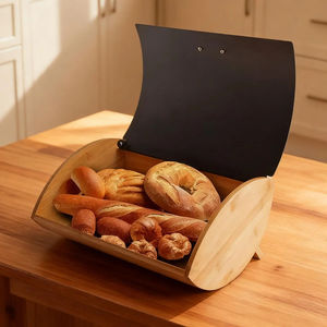 Bamboo Bread <b>Box</b> Flip Top <b>Storage</b> Container Kitchen Countertop Bread Pastry Snack Organizer <b>Beige</b> Black Solid Color - Product Image 2