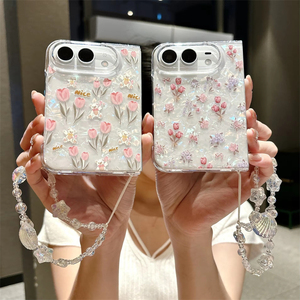 Funda de lujo con diseño de flores de tulipán para iPhone Duo, con correa de muñeca ancha, a prueba de golpes, cubierta rígida de PC. - Product Image 1