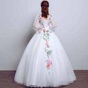 Uzun kollu V boyun Lace Up kat uzunluk balo gece elbisesi düğün elbisesi - Product Image 4