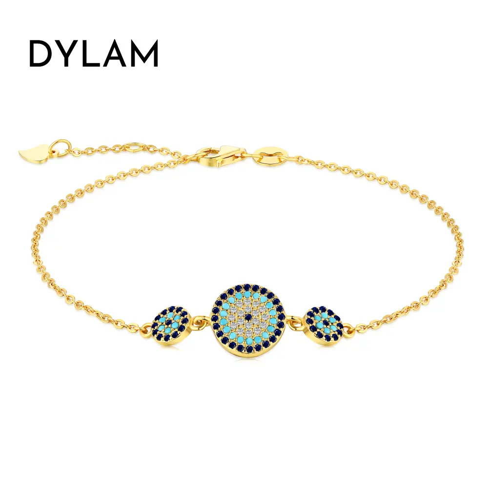 Dylam pulseira de prata esterlina 925 colecionável, bracelete de corrente com pingente olhos azuis 5a cz rodio 18k
