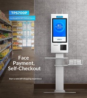 Terminaux de paiement en libre-service, appareils multifonctions utilisés pour la lecture de codes, les paiements et l'impression de reçus, supermarchés.