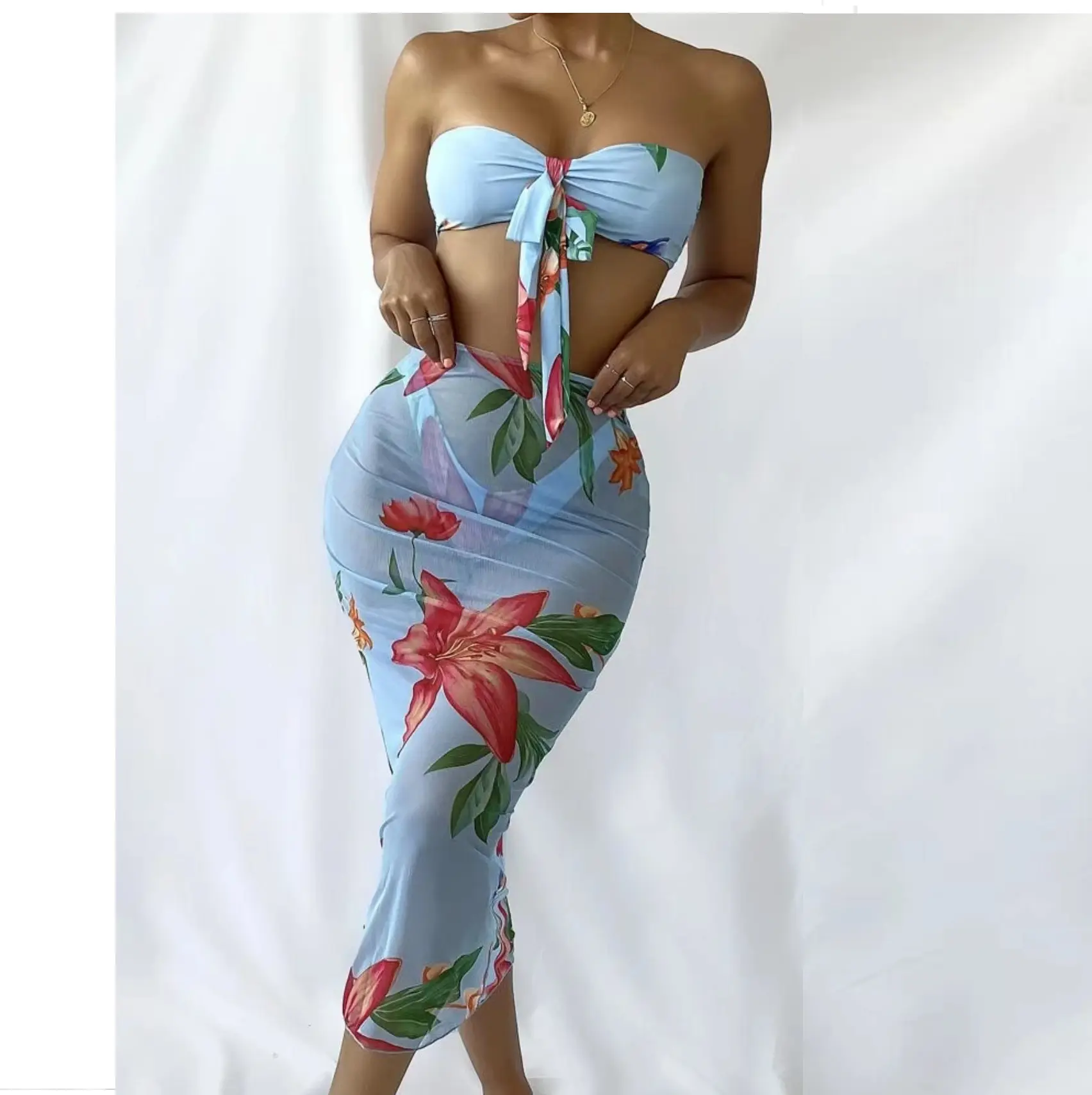 New tropical print 3pcs set long dress sexy strapless bikini bandeau swimwear