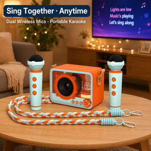 Mini machine <span class=keywords><strong>de</strong></span> karaoké QD06, haut-parleur sans fil BT avec 2 microphones, lumière RVB, radio FM, <span class=keywords><strong>changeur</strong></span> <span class=keywords><strong>de</strong></span> <span class=keywords><strong>voix</strong></span> magique pour enfants, cadeau - Product Image 5