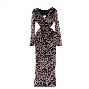 Robe mi-longue sexy vintage à manches longues, col en V, taille empire, imprimé léopard, tissée, respirante et écologique, pour printemps, été, automne - Product Image 3
