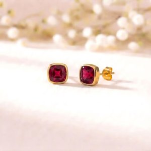 Natural Ruby Faceted Cushion Cut <b>Stud</b> Earrings In 925 <b>Sterling</b> <b>Silver</b> Or 18K Gold Filled Red Gemstone Minimalist Elegant Fine - Product Image 3