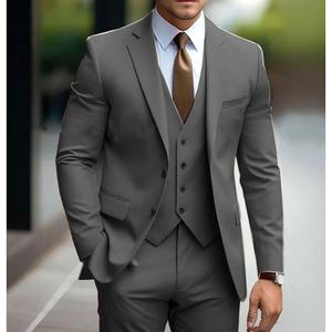 Venta al por mayor <span class=keywords><strong>de</strong></span> los hombres <span class=keywords><strong>de</strong></span> color caqui Slim Fit Suit Blazer <span class=keywords><strong>de</strong></span> un solo pecho solapa plana cremallera Fly Formal <span class=keywords><strong>chaqueta</strong></span> chaleco 3PCS Peinado Trajes - Product Image 3