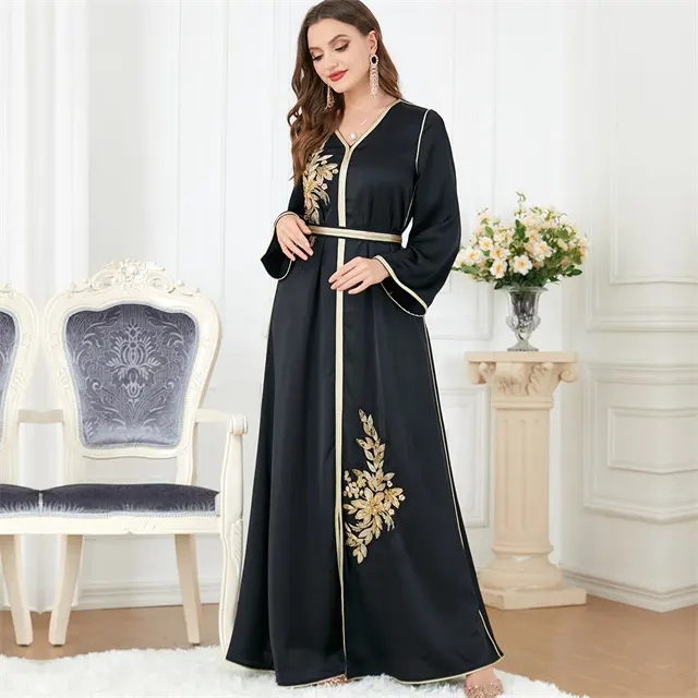 Vente en Gros Noir Broderie Robe Musulmane Pour Femmes Marocain Caftan Robe Femme Robe de Prière Islamique Dubaï Ouvert Abaya Longue Robe