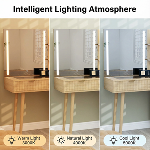 Coiffeuse Bohème avec Miroir et Lumières, Couleur Chêne, Table de Maquillage Cannelée avec Plateau en Verre Moderne pour Chambre <span class=keywords><strong>à</strong></span> Coucher - Product Image 3