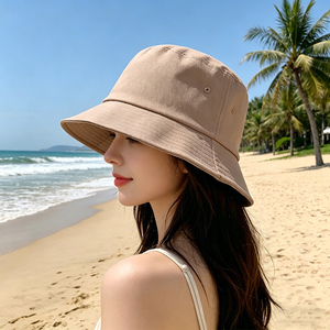 Sombrero de Pescador Unisex de Algodón Transpirable con Protección Solar UPF 50, Color Beige Sólido, Ala Ancha, para Playa, Aire Libre, Casual, con Logotipo Personalizado - Product Image 1