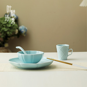 Juego de Tazones de Cerámica con Relieve, Forma Irregular, Color Azul Claro, Vajilla para Uso Diario - Product Image 4