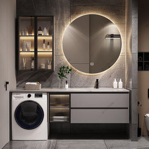 Meuble de salle de bain minimaliste moderne à double vasque avec miroir <span class=keywords><strong>LED</strong></span>, comptoir en pierre, vanité de salle de bain sur pied - Product Image 3