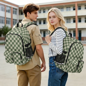 Sac à dos d'étudiant rembourré pour ordinateur portable de 17 pouces, motif à carreaux vert multi-poches, logo personnalisé, sac à dos de voyage pour l'école avec sangle de bagage - Product Image 6