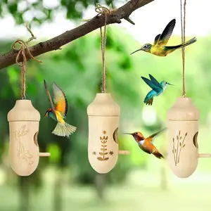 DD2613 Decoração de casa de jardinagem casas de pássaros de madeira natural casa de beija-flor selvagem para pendurar ao ar livre