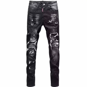 Jeans da uomo a vita media, larghi, in denim distressed - Pantaloni estivi in cotone intrecciato con schizzi di vernice, stile <span class=keywords><strong>boyfriend</strong></span> - Product Image 1