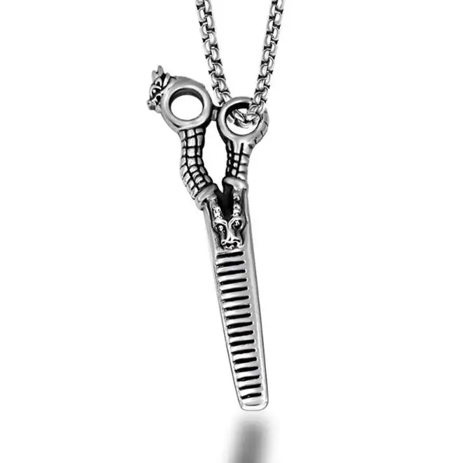 Acier inoxydable Punk Hippy ciseaux pendentif collier Barba Shop cheveux coiffeuse ciseaux collier peigne Salon de coiffure bijoux