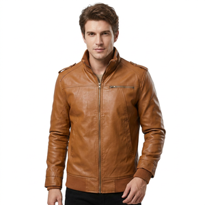 Veste d'hiver en cuir marron pour homme, légère et élégante, avec boutons recouverts, personnalisable, style motard - Product Image 1