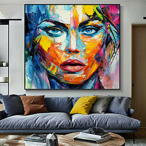 Bảng màu dao đầy màu sắc nặng kết cấu hiện đại trừu tượng Pop nghệ thuật người phụ nữ phải đối mặt với bức tranh nghệ thuật trên vải - Product Image 3