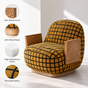 Fauteuil d'appoint moderne en tissu à carreaux couleur moutarde VB avec accoudoirs en bois de frêne sculpté, base en bois massif et mousse haute résilience - Product Image 4