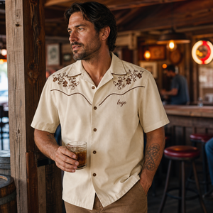 Chemise de bowling personnalisée à col occidental tissé, brodée style cowboy américain, manches courtes, boutonnée, logo d'équipe rétro pour OEM - Product Image 3