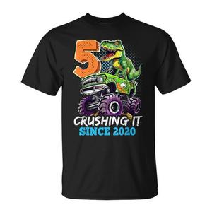 Camiseta de cumpleaños número 5 para niños con diseño de dinosaurio Monster Truck, Crushed It Since 2020 - Product Image 1