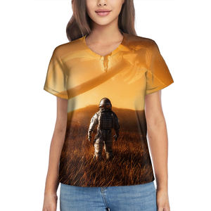 Camiseta de manga corta con cuello en V para mujer de alta calidad con imagen personalizada, algodón transpirable, entallada, tallas ajustadas, camiseta informal de gran tamaño, camiseta técnica lisa, de talla grande - Product Image 1