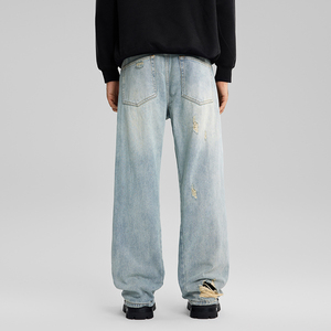 Homens Lavagem de Alta Qualidade Desbotada Azul Splicing Moda <span class=keywords><strong>Jeans</strong></span> Casual Rasgado Baggy Straight <span class=keywords><strong>Jeans</strong></span> Custom Men Whisker Designer <span class=keywords><strong>Jeans</strong></span> - Product Image 4
