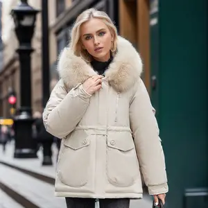 D & M mantel bertudung untuk wanita, jaket rajut isi kapas modis kasual dengan saku lipat Trim Fuzzy tahan air musim dingin