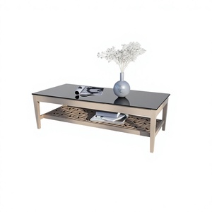 Table basse moderne rectangulaire, table centrale avec plateau en verre et base en bois, table à thé pour salon - Product Image 1