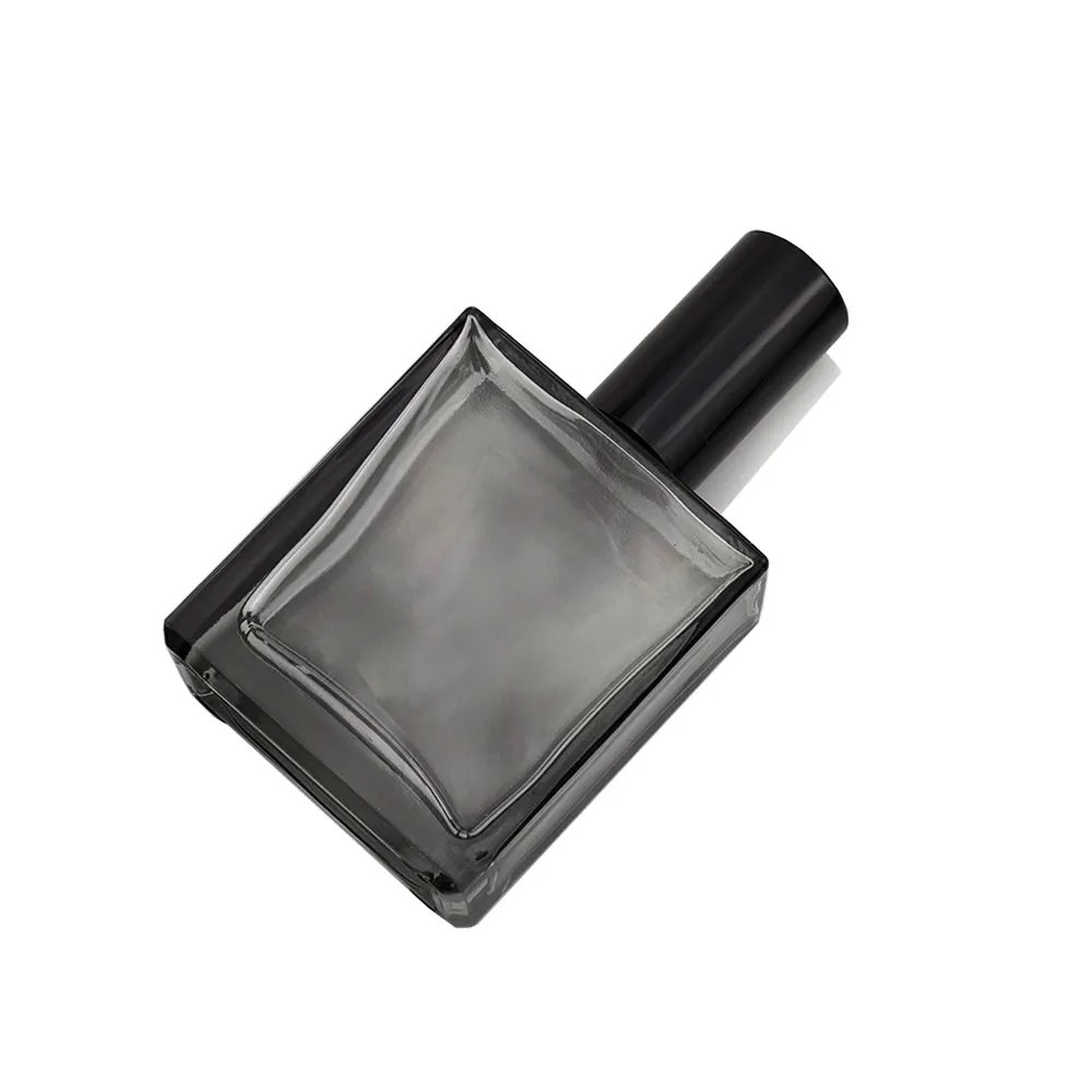 Botella de perfume transparente con tapa de bomba de aluminio, frasco rectangular color gris oscuro, 50ml, envío rápido