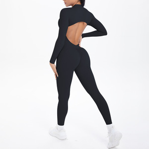 Tuta Intera da Donna a <span class=keywords><strong>Maniche</strong></span> <span class=keywords><strong>Lunghe</strong></span> con Schiena Scavata e Mezza Cerniera, Abbigliamento Sportivo Elasticizzato per Palestra e Yoga - Product Image 5