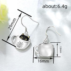 Cute <b>Cat</b> In Cup Earrings Silver Plated Alloy Women's Fashion Drop Earrings <b>Gift</b> Jewelry White Gold Color Animal Shape - Product Image 5