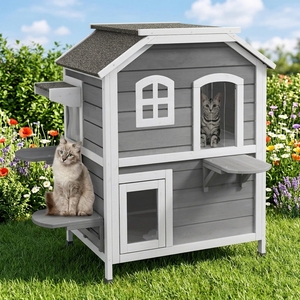Modern 2-story House Outdoor Weatherproof Fir Wood Enclosure Feral <b>Cats</b> Escape Door Openable Roof Jumping Platforms - Product Image 1