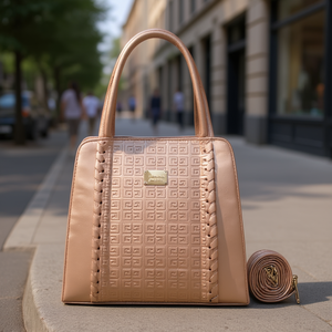 Bolso de Mano Geométrico de Cuero Color Oro Rosa para Mujer, Marca Fana Jupiter, con Correa Cruzada y Dos Asas para Uso Diario - Product Image 2