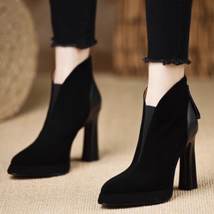 Bottines à talon carré ultra-haut de 6-8 cm en faux daim style euro-américain pour femme 2026, à bout pointu, à enfiler, plateforme respirante - Product Image 3