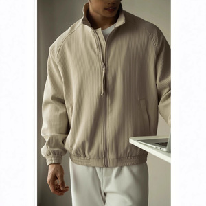 Men's Bubble Stripe Stand Collar Jacket Apricot White Loose Fit Zipper Sports <b>Cardigan</b> Youth Casual <b>Spring</b> Autumn - Product Image 3