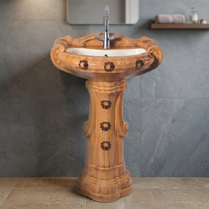 Ceramic Sanitary Wooden Color Luxury Bathroom Designer Round Bowl Big Sterling Pedestal Wash Basin, Wooden Pedestal Sink Price - Product Image 2