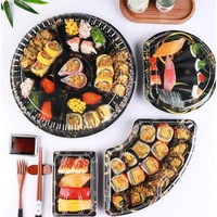 Kotak Sushi Sekali Pakai Premium Jepang yang Dapat Disesuaikan, Nampan Plastik Bulat dengan Tutup Daun Perilla, Kemasan Sushi Stok
