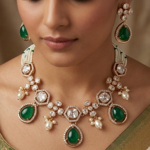 Elegant Green Stone 925 Silver Pearl <b>Necklace</b> Set Rose Gold Bridal Jewelry with Earrings for Diamond Accents for Women Jewelry - Product Image 3
