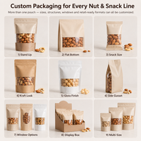 Sachet d'emballage Mylar à fermeture éclair avec fenêtre transparente mate de qualité alimentaire, personnalisable avec logo, pour amandes, noix de cajou et autres snacks, avec encoche de déchirement et base stable