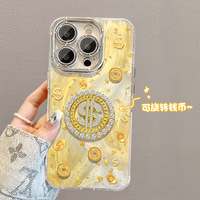 Étui rotatif pour bracelet avec motif de pièces de monnaie pour iPhone 17, 16, 15 Pro, protection d'objectif plein cadre, 14, haut de gamme, anti-chute, magnétique, en TPU mat, motif dessin animé