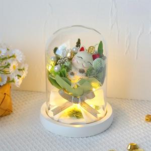 Chat porte-bonheur en fleurs préservées sous cloche en verre, <span class=keywords><strong>Maneki</strong></span>-<span class=keywords><strong>neko</strong></span> avec éclairage LED, arrangement floral éternel, cadeau pour l'inauguration - Product Image 2