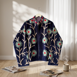 Chaqueta Bomber de Mujer, Color Azul Marino, Tejido de Terciopelo, Cuello Mao, Bordado Floral, Transpirable, Exterior de Algodón, Forro de Lana - Product Image 5
