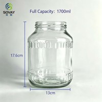 Grand pot en verre rond à motifs de 1700 ml avec ouverture filetée, idéal pour les aliments fermentés, le miel et les céréales en vrac