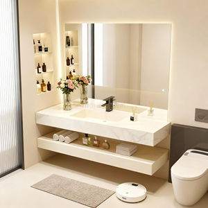Mueble de Baño Flotante de Doble Pared Estilo Crema de Grado Comercial con Lavabo de Losa de <span class=keywords><strong>Roca</strong></span> para Proyectos Hoteleros - Product Image 3