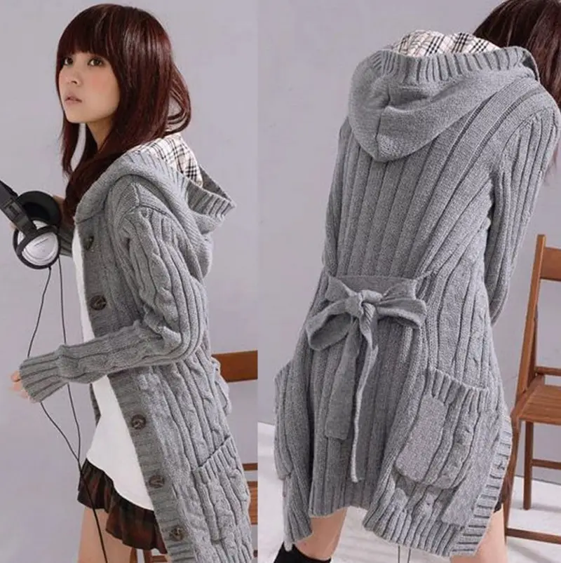 Casual Winter Knitted Hooded Belted Long Coat Cardigan Women's Sweaters Cardigan Casual Daily Life