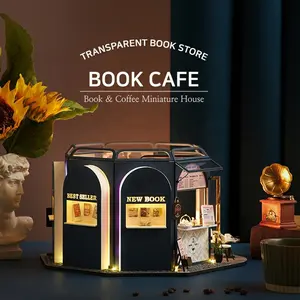 Handcraft בית בובות מלאכות מודרני ספר קפה חנות LED אור DIY מיניאטורות עץ בית בובות עם מציאותי ריהוט ערכות
