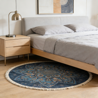 Polyester-Teppich mit Geometrischem Mandala-Muster, Kurzflorig, Rund, mit Quasten, Schmutzabweisend & Rutschfest für Schlafzimmer und Wohnzimmer